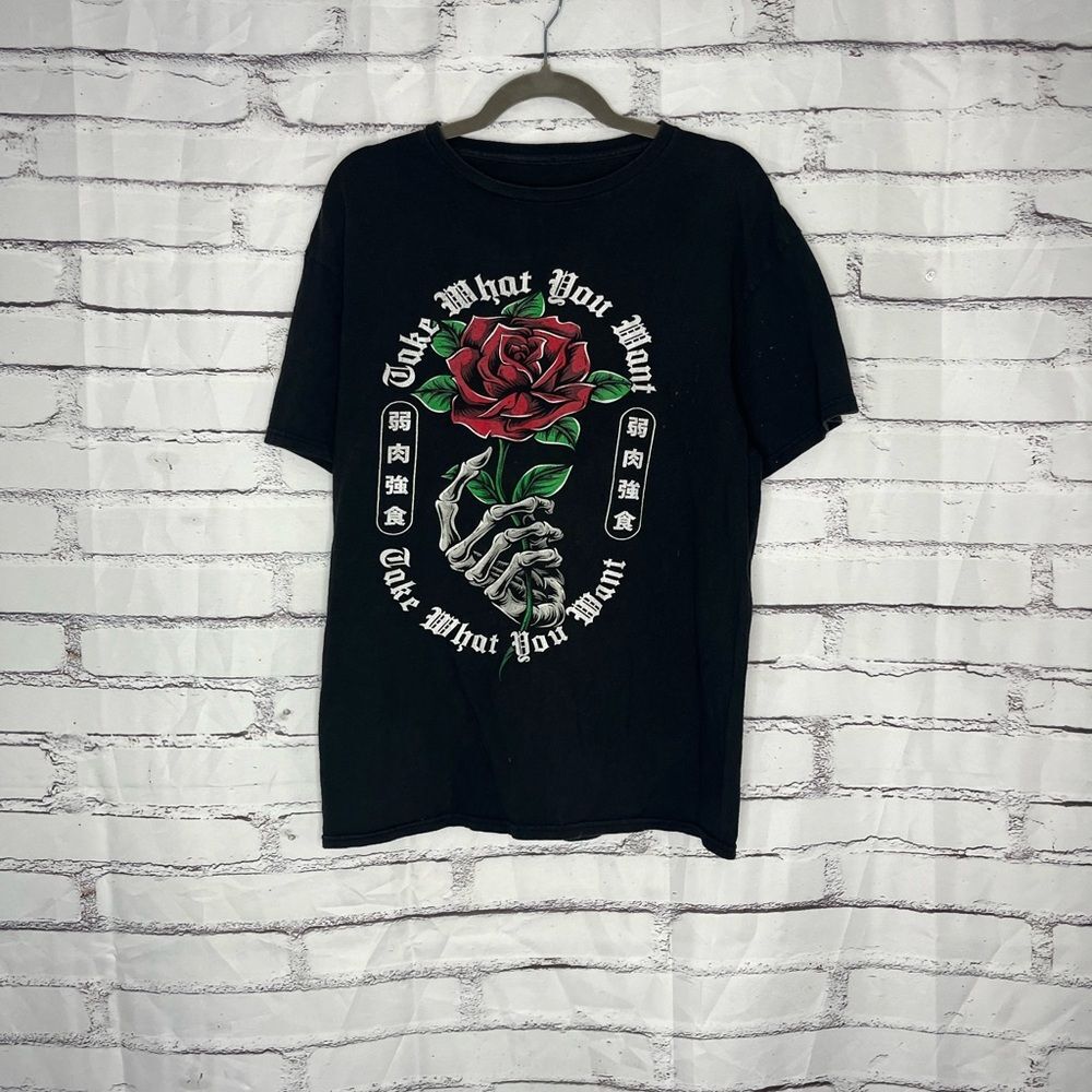 The Young & Wild Rose Skeleton Hand Graphic Shirt Men’s Large Black Gothic Y2K